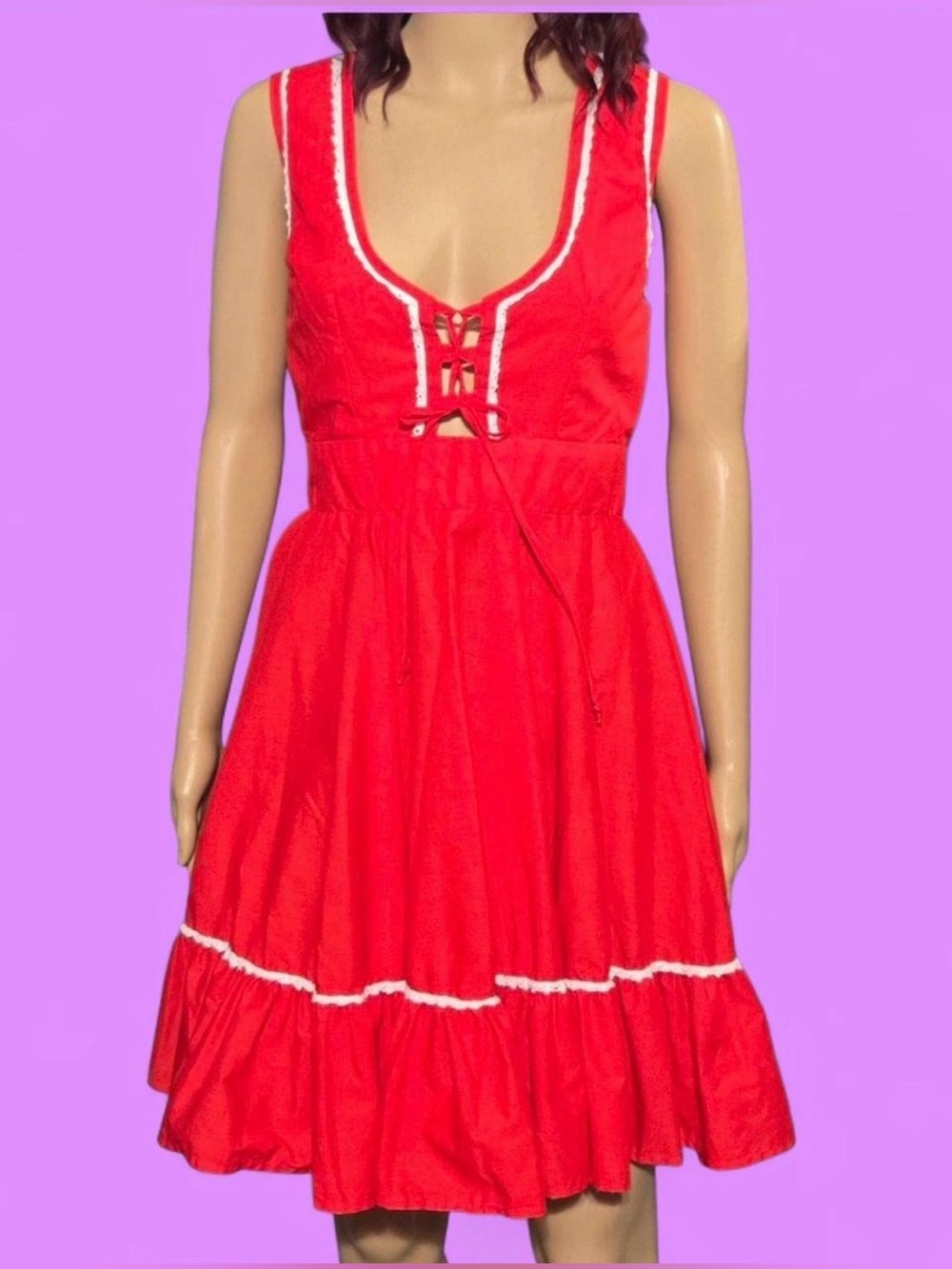 Vintage 1970s red w/ white lace trim, western Square dancing dress. Malco Modes